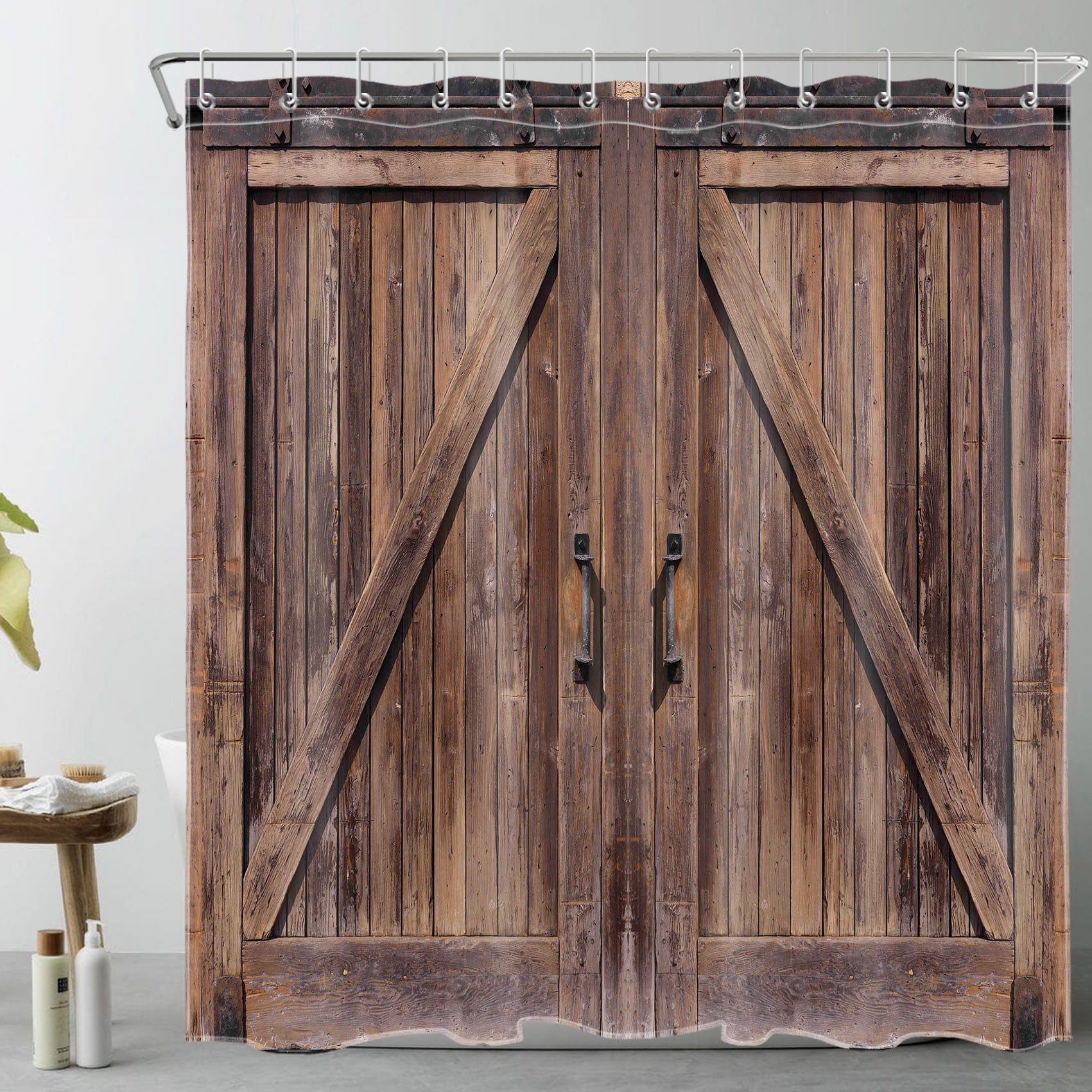 HVEST Old Barn Door Shower Curtain for Bathroom,Wooden Barn Door Garage Door American Style Decor Accessories Bath Curtain,Farmhouse Polyester Waterproof Fabric Shower Curtain with Hooks 72x78 Inches