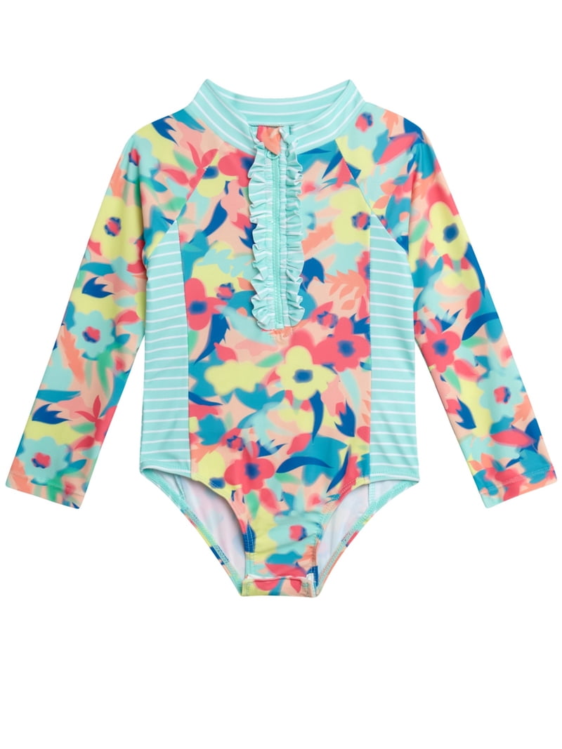 Jessica Simpson Toddler Girls' Rashguard Swimsuit with Hat, Sizes