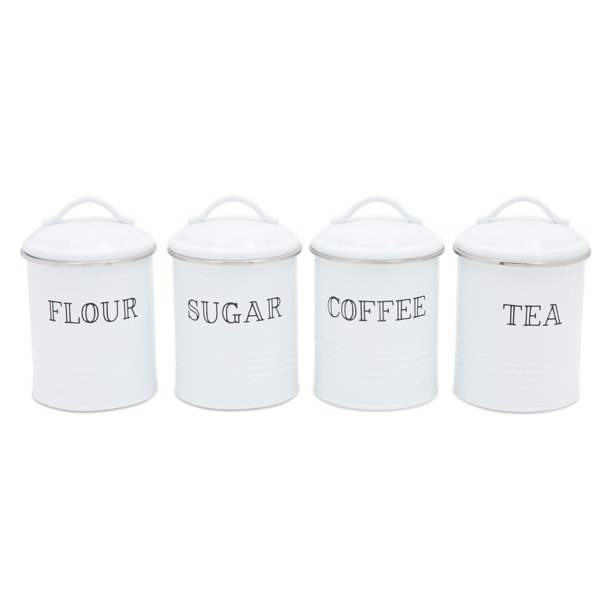 Set of 4 White Metal Sugar Coffee Tea Flour Sugar Canisters Containers with Lids for Kitchen Countertop, 4 x 6.3 in.
