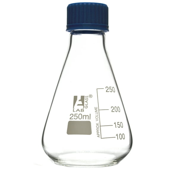 250mL Glass Erlenmeyer Flask with PTFE Lined Screw Cap, Borosilicate 3.3 Glass - Eisco Labs