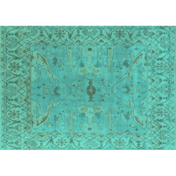 Ahgly Company Machine Washable Indoor Rectangle Oriental Turquoise Blue Industrial Area Rugs, 7' x 10'