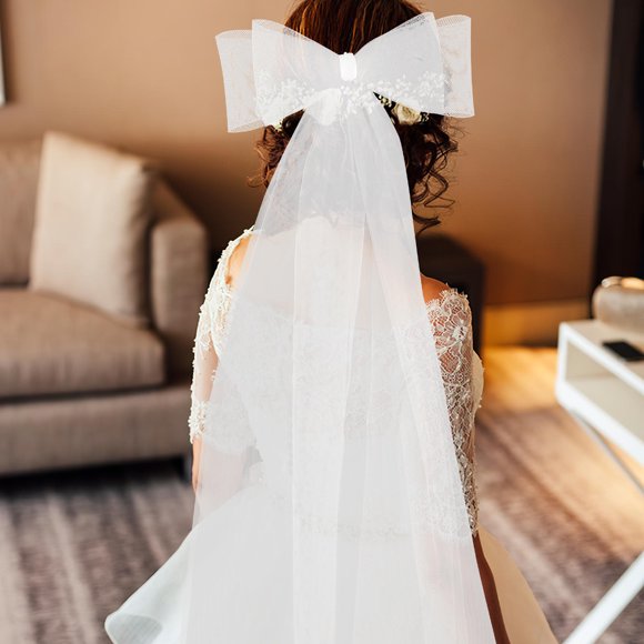 Raindrops Wedding Veil for Bride White Mesh Veil with Elegant Bow and Comfortable Fit