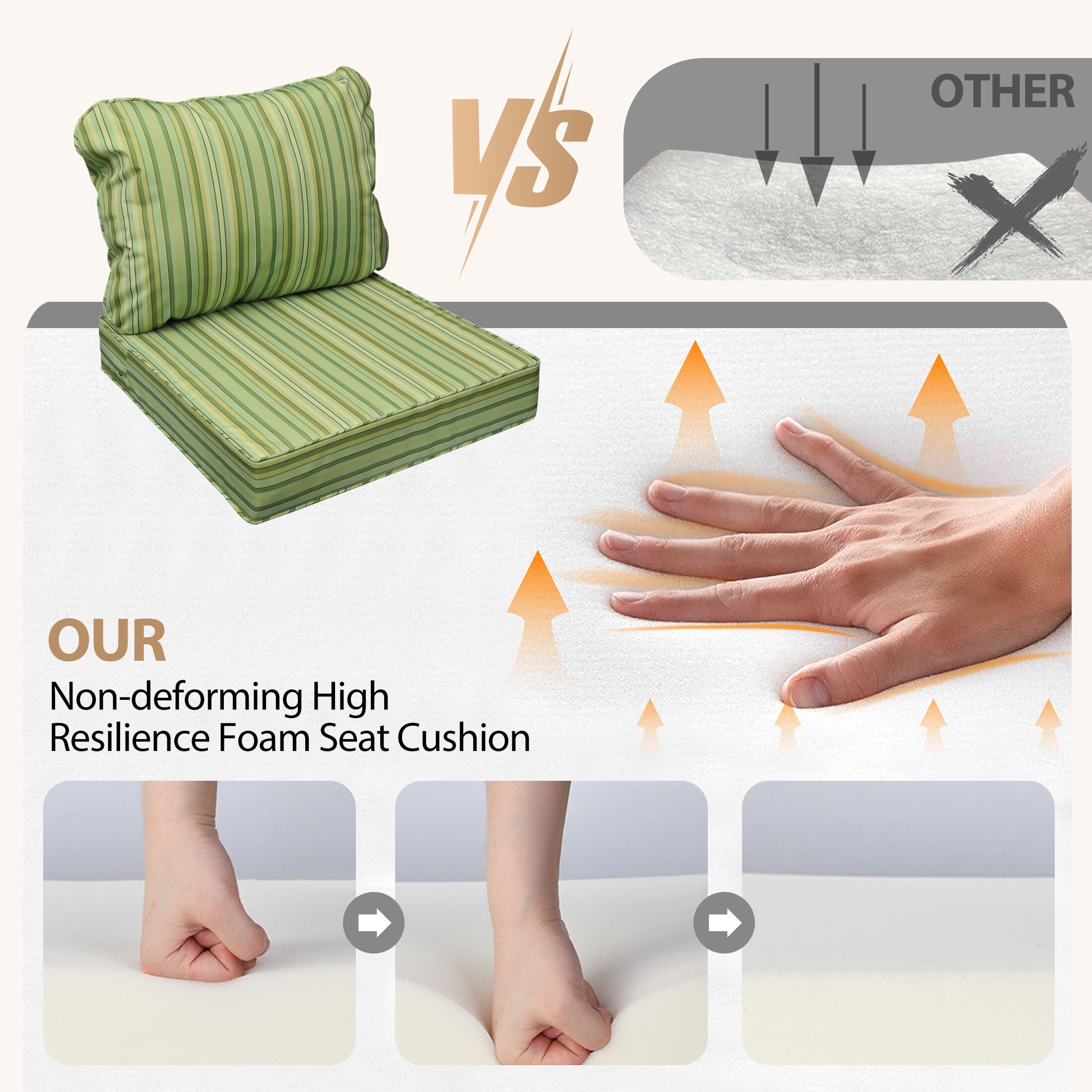 24 x 24 Waterproof Outdoor Deep Seat Cushion for Patio Furniture Cushion Replacement, Narrow Stripes Green