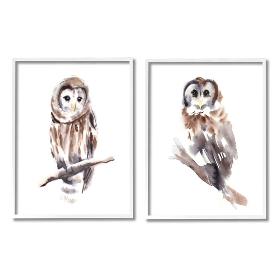 Stupell Industries Perched Owl Wildlife Portrait Painting White Framed Art Print Wall Art, Set of 2, Design by Annie Warren