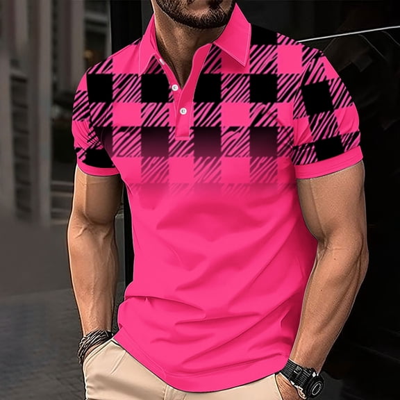 fnnxeal Mens Polo Shirt, Print Summer Button Casual Collared Men's T Shirt Hot Pink