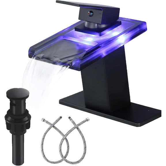 Zovajonia Bathroom Sink Faucet, Matte Black Waterfall Single Handle Vanity Faucets 1 Hole with Pop Up Drain and 2 Water Supply Lines, Open Glass Spout
