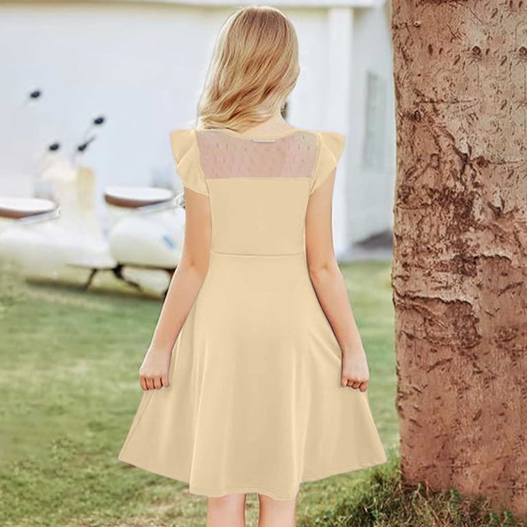beige color party dress Bltiby Girls Summer Dress Ruffle Sleeve Mesh A Line Casual Party Dresses Solid Color Wedding Birthday Wear Beige 7-8Years, Girl's