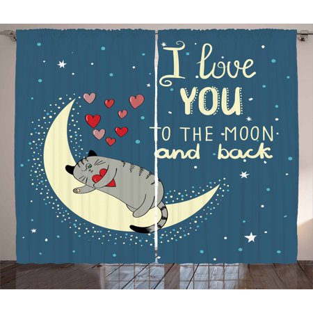 - I Love You Curtains 2 Panels Set, Sleepy Cat Holding Hearts over the Moon at Night Sky Kitty Caricature, Window Drapes for Living Room Bedroom, 108W X 84L Inches, Slate Blue Grey Ivory, by Ambesonne