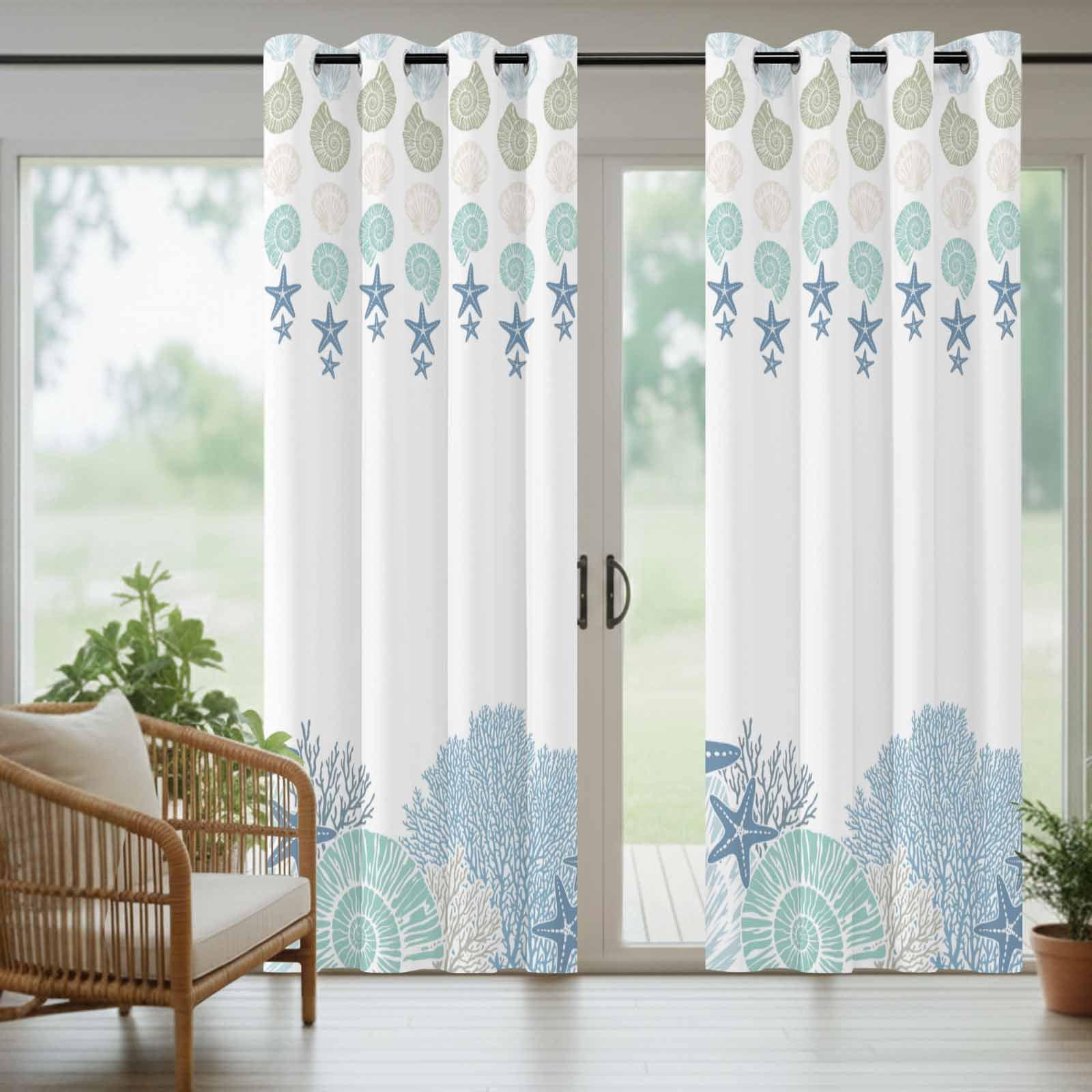 Blue Sea Outdoor Curtains for Patio, Nautical Ocean Watercolor Shells Coral Starfish Sunshade Privacy Drapes Grommet Waterproof Outside Curtains for Porch/Cabana/Balcony 54"x 108", 1 Panel
