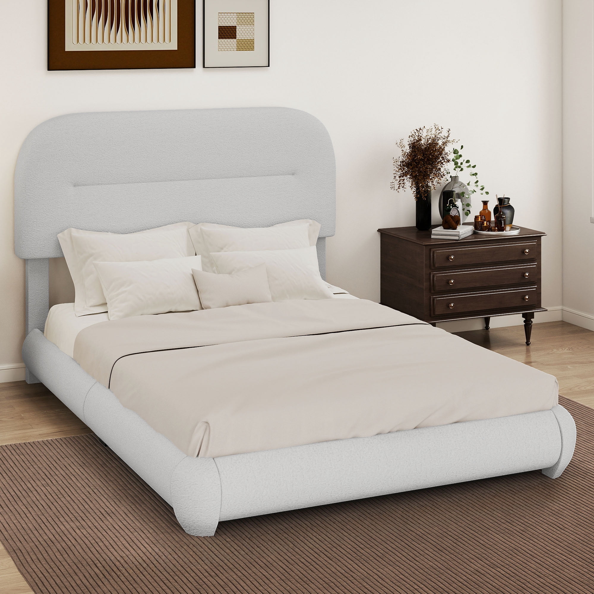 Uforic Queen Size Boucle Bed Frame with Adjustable Headboard & Rounded Edges, No Box Spring Needed, White