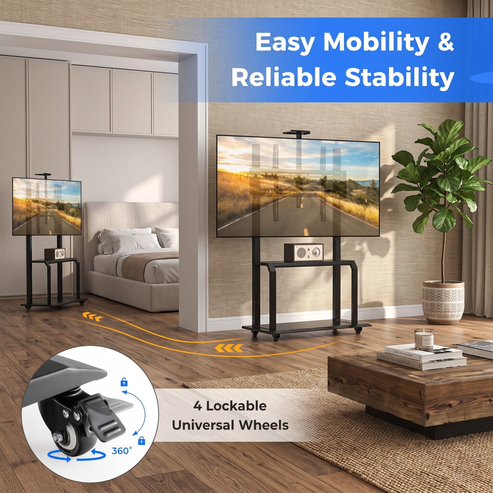 Furnibear Mobile TV Stand with Camera Shelf and AV Shelves for 32-80 Inch Flat Curved TVs, Height Adjustable Rolling Floor TV Cart with Locking Wheels, Holds up, Black