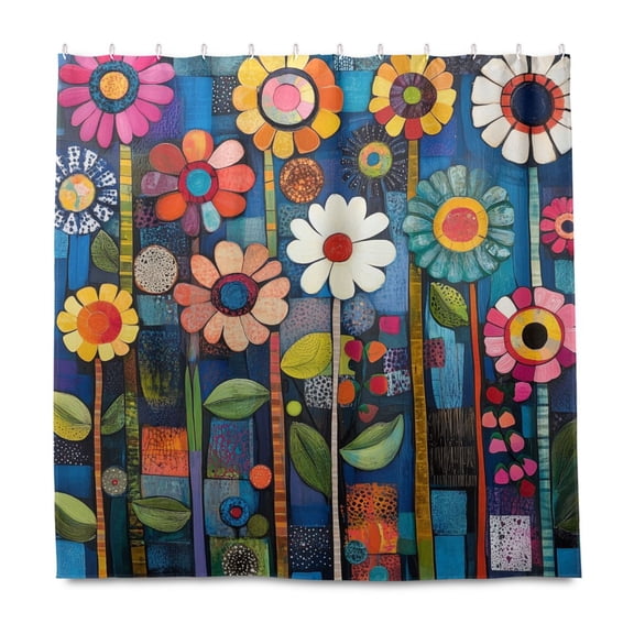 Yayeee Shower Curtain with Hooks 72"x72" Waterproof Fabric Bathroom Hanging Decor, Blue Colorful Flowers