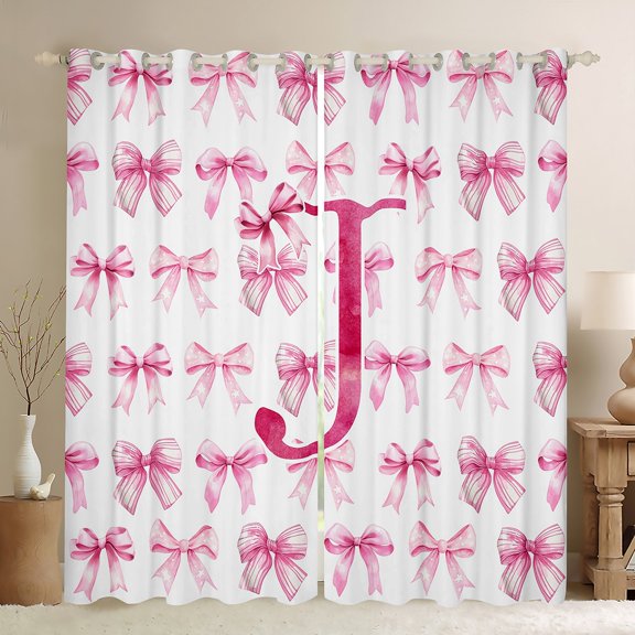 jejeloiu Girl Personalized Gifts Blackout Curtains Set of 2 (52x84 Each),Pink Letter J Window Curtains,Ribbon Bow Tie Curtains and Drapes For Princess,Lightweight Room Decoration