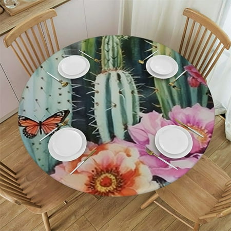 

Sheronv Cactus Flowers Butterfly Round Tablecloth Stain-Resistant Washable Indoor Outdoor Dining Wedding Party 100% Polyester Outdoor Fitted Picnic Kitchen Farmhouse 54 -58