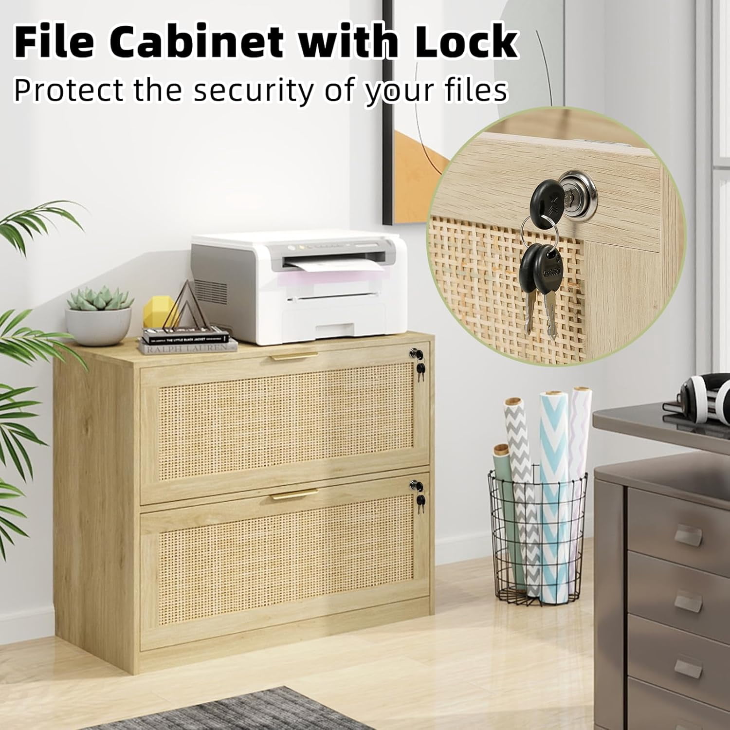 AODAILIHB File Storage Cabinet, Under Desk 2-Drawer File Cabinet, Locking Wooden Rattan File Cabinet