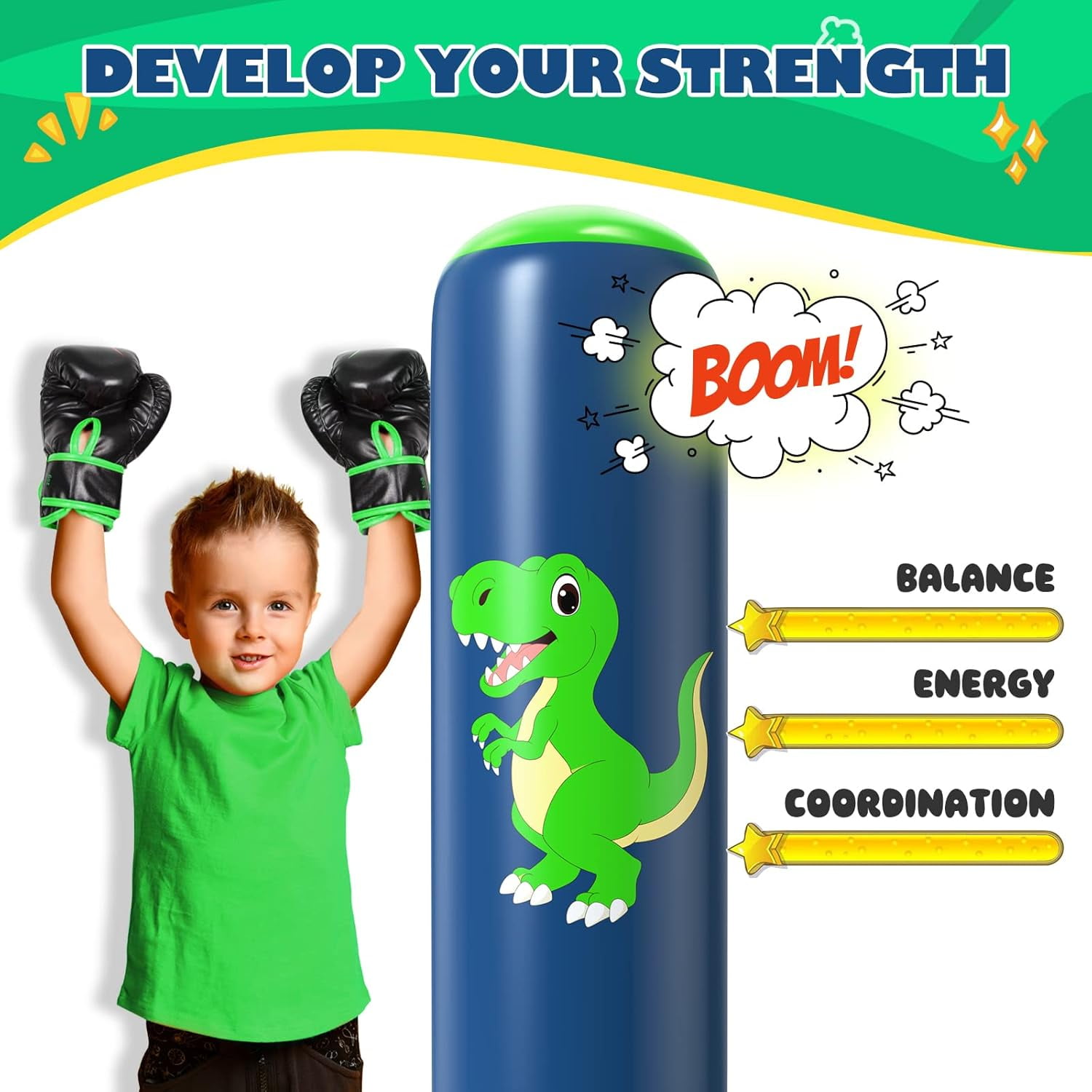 48" Inflatable Punching Bag for Kids, Lava Green Dinosaur with Blue Pillar, Dinosaur Bop Bag for Boys & Girls Ages 3-8