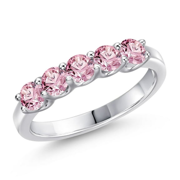 Gem Stone King 925 Sterling Silver Pink Lab Grown Diamond Wedding-Bands Ring for Women | 0.90 Cttw | Round 3.5MM | Gemstone April Birthstone | Size 6