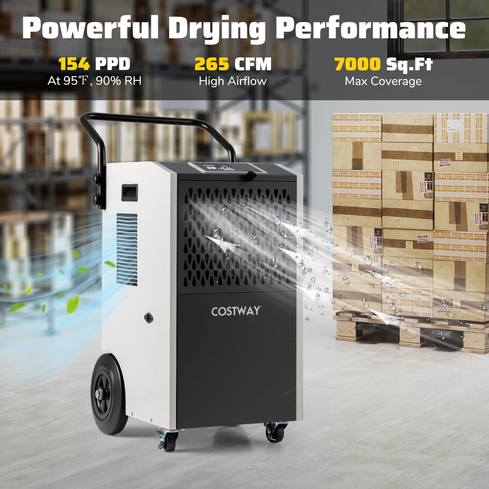 Costway 49-Pint(DOE) Commercial Dehumidifier with Pump Drain Hoses for Basements Job Sites 7,500 Sq.ft Coverage Area (MAX 154Pint at 95°F, 90%RH)
