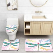 PUDMAD Dragonfly Vibrant Dragonfly Kids Figure in Various Tones Wildlife Graphic Art 3 Piece Bathroom Rugs Set Bath Rug Contour Mat and Toilet Lid Cover