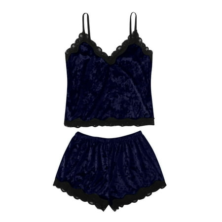 

BIZIZA Pajama Sets for Women 2 Piece Solid Color Velvet Loungewear Shorts Sleeveless V-Neck Cami Blue XXL
