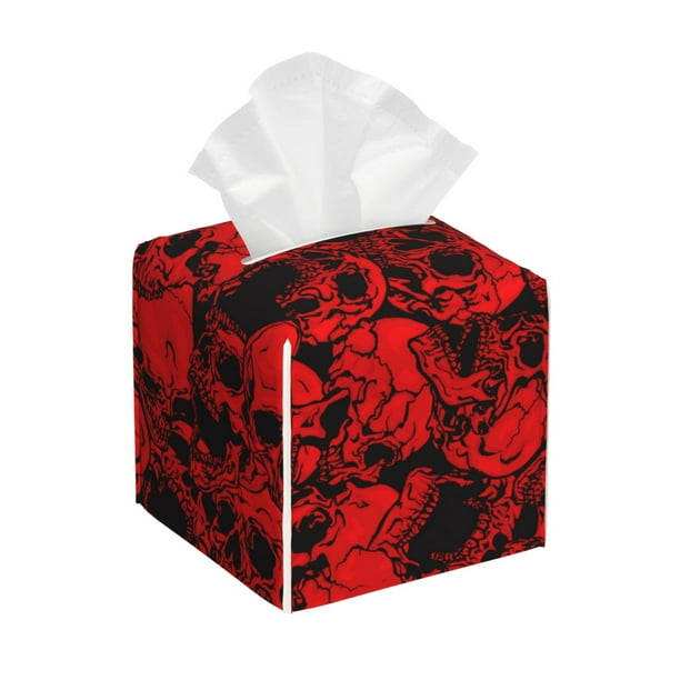Fotbe Red Skulls 3 Porta Pañuelos Decorativo de Cuero, Caja Cuadrada Moderna para Pañuelos Faciales, Organizador y Dispensador 5x5x5''