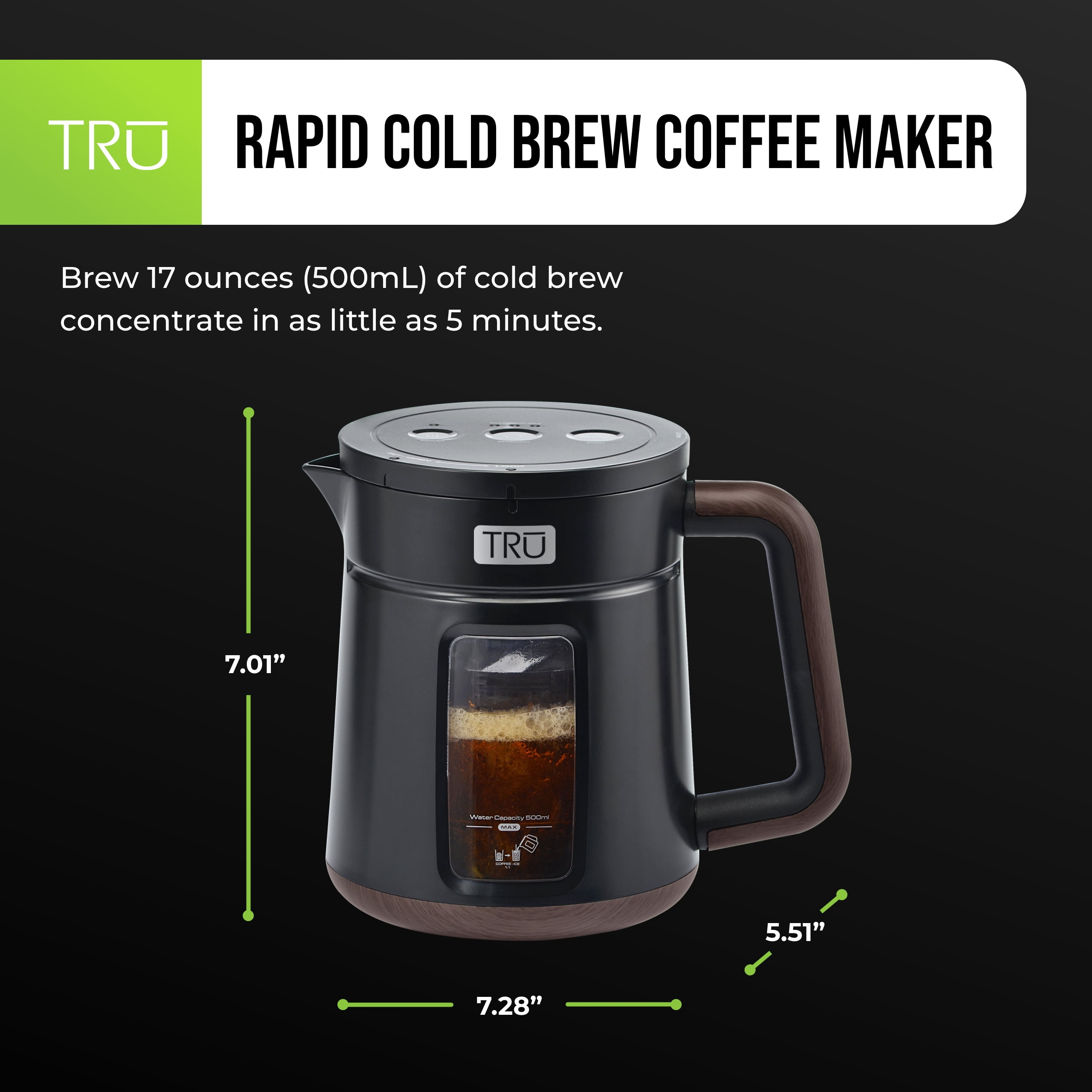 TRU Rapid Cold Brew Coffee Maker - Adjustable Brew Strength for Mild, Medium & Bold Coffee - Patented Vacuum Technology for Fast Extraction - Dual Mesh Filters - Makes 17 oz