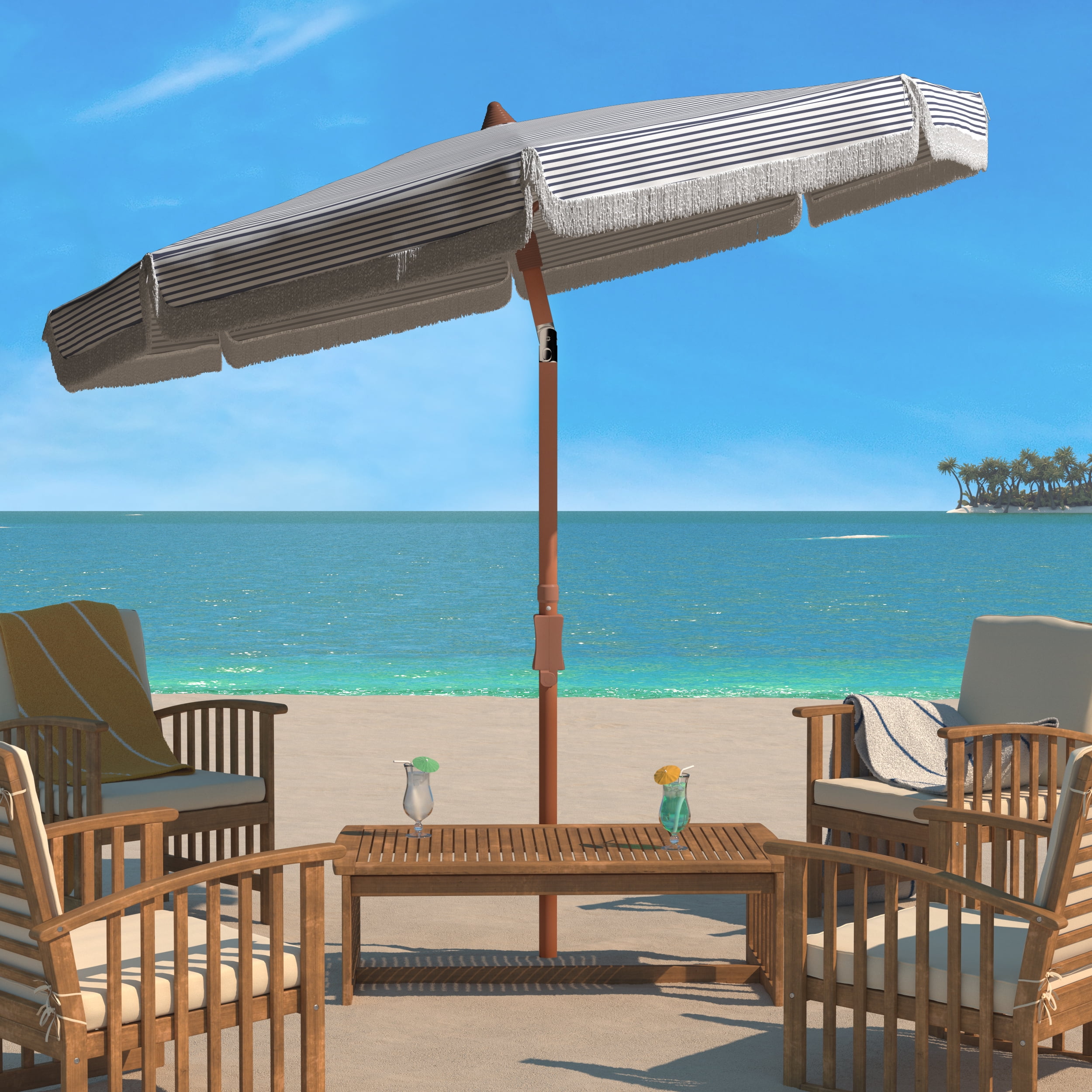 SAFAVIEH Copen 6.5' Beach Patio Umbrella, White/Navy