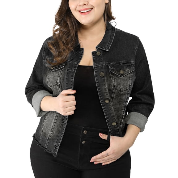 Chaqueta de mezclilla lavada de manga larga con cuello de solapa para mujeres de tallas grandes Agnes Orinda, con bolsillos, 5X negra