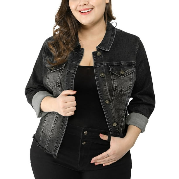Chaqueta de mezclilla lavada de manga larga con cuello de solapa para mujeres de tallas grandes Agnes Orinda, con bolsillos, 5X negra