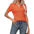 thumbnail image 3 of Women'S Collared Cable Short Sleeve Sweaters Tops Solid V Neck Knit Casual Soft Pullover Shirt Tangerine Color M, 3 of 9