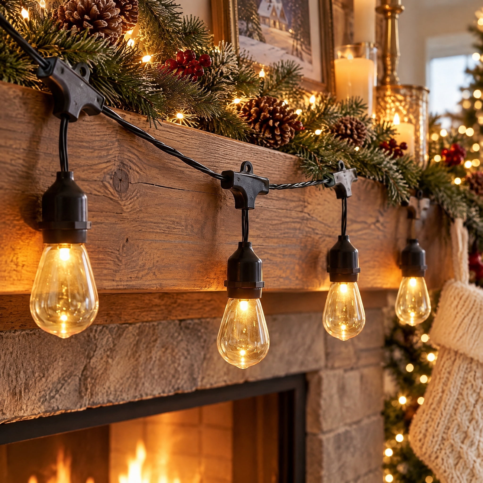 Indoor/Outdoor 30-Count LED Ultra-Bright Cafe Style Christmas String Lights, Warm White, Black Wire, 19', by Holiday Time