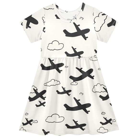Airplane Cloud Pattern Girls Short Sleeve Dress A Line Sun Protection Breathable Comfort Sundress 2T