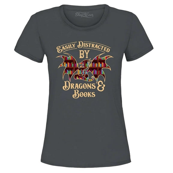 Shop4Ever Women's Easily Distracted by Dragons and Books Graphic T-Shirt Medium Charcoal