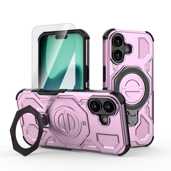 ELEHOLD Magnetic Case for iPhone 17, Rugged Shockproof Cover Built-in Metal Kickstand, Screen Protector Included, Pink