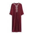 thumbnail image 3 of Men's Thobe Muslim Clothes V-Neck Long Sleeve Pullover Middle East Saudi Kaftan Abaya Dubai Arab Robe with Embroidery Wine, 3 of 7