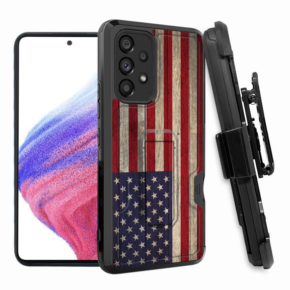 ANJ  Rugged Shockproof Hoster Case w/Card Slot, Kickstand   Tempered Glass Cover for Samsung Galaxy A33 5G - American Flag on Wood