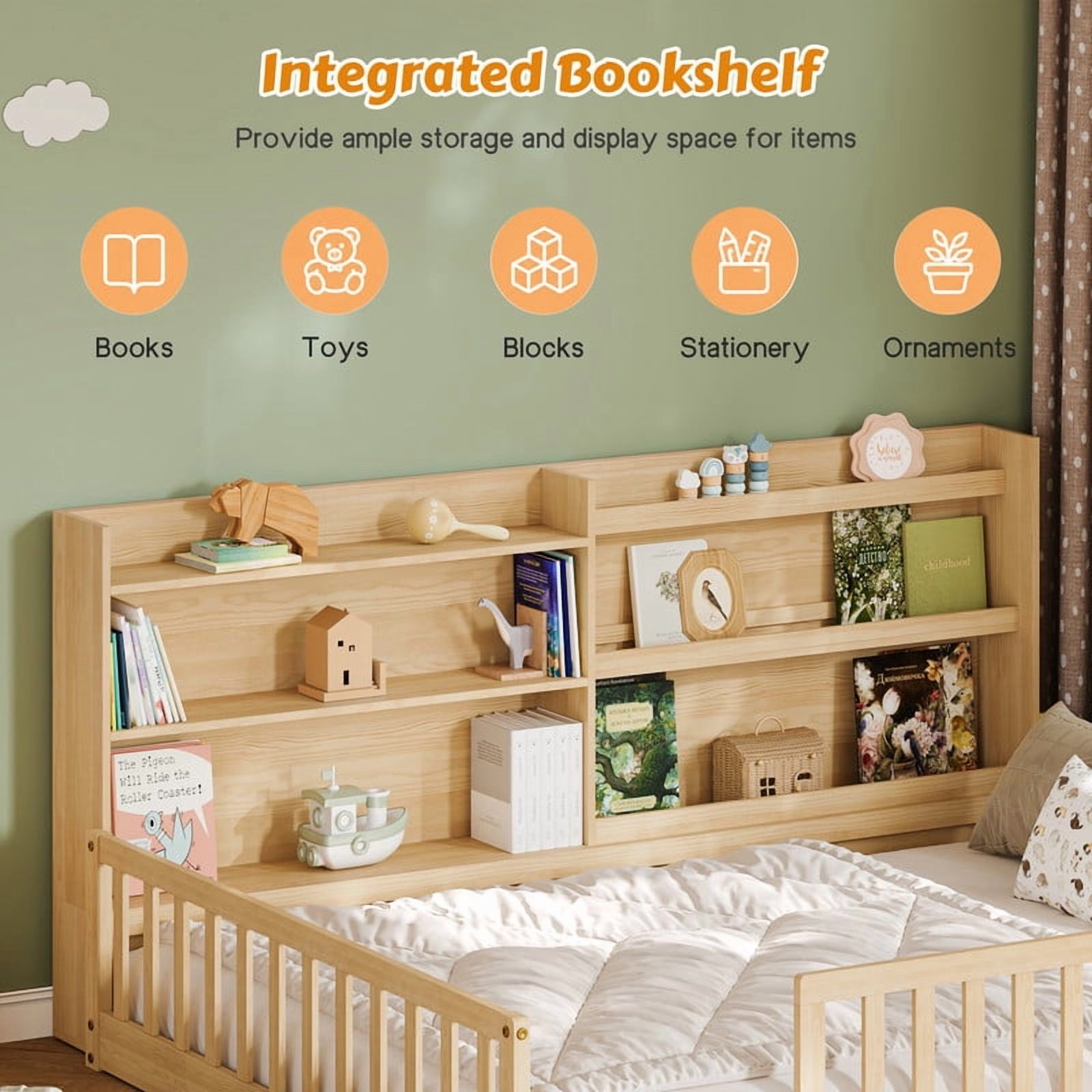 Twin Size Kids Montessori Floor Bed with Bookshelf & Safety Guardrail, Wood Low-Profile Platform Bed Frame with Slats