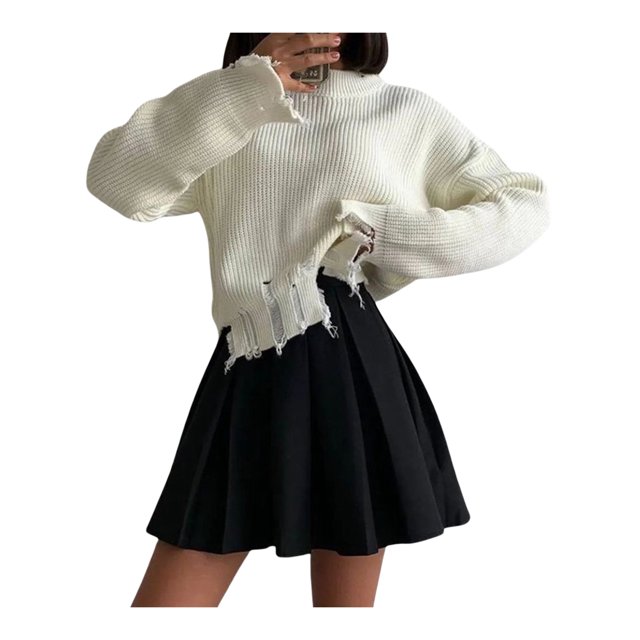 xiaxaixu Women’s Ripped Sweaters, Long Sleeve Round Neck Solid Color Loose Knit Jumper Tops