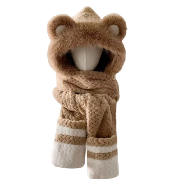 Hat Scarf Gloves Set for Women in Winter, Bear Ear Plush Fleece Hat Warm Scarf Gloves, 3-in-1 Warm Accessory for Skiing