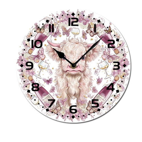 ZXCXRQFa Highland Cow Bottles Butterflies Wall Clock Non Ticking Silent Kitchen Clock Round Battery Operated Clocks 10 inch for Living Room Bedroom Decor