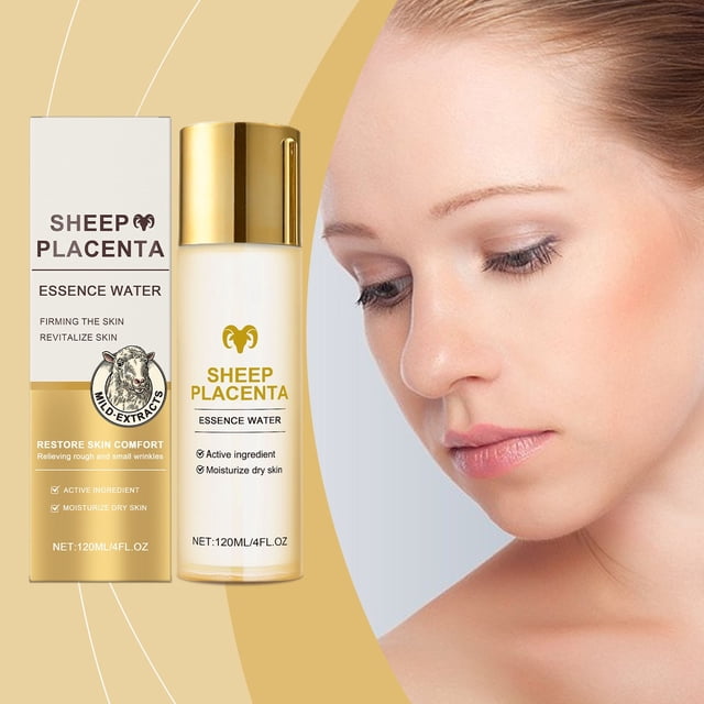 crema facial de placenta de oveja | reafirmante y hidratante activa | reduce líneas finas y oscurecimientos | nutrición profunda para piel madura | potenciador de elasticidad | textura delicada: frasco blanco y dorado de 120ml con tapa metálica dorada junto a su caja a juego, etiqueta 'Sheep Placenta Essence Water' visible y pequeños iconos de ingredientes activos; fondo beige con rostro femenino desenfocado; suele usarse también para masajes faciales suaves en rutinas antienvejecimiento.