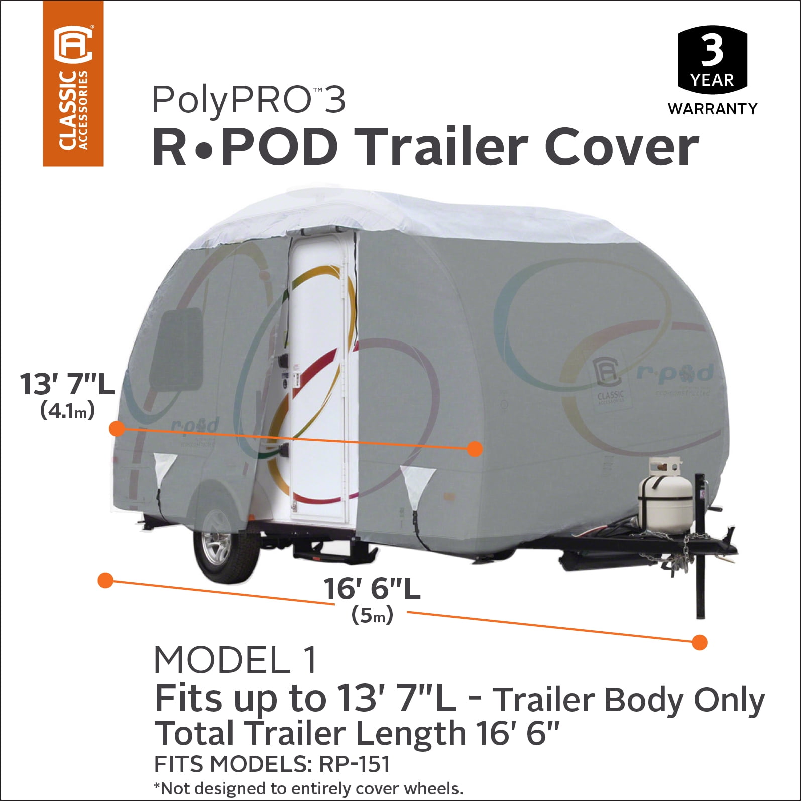 Classic Accessories OverDrive PolyPRO 3 Deluxe R-Pod Travel Trailer Cover, Fits up to 13' 7" Long - Trailer Body Only