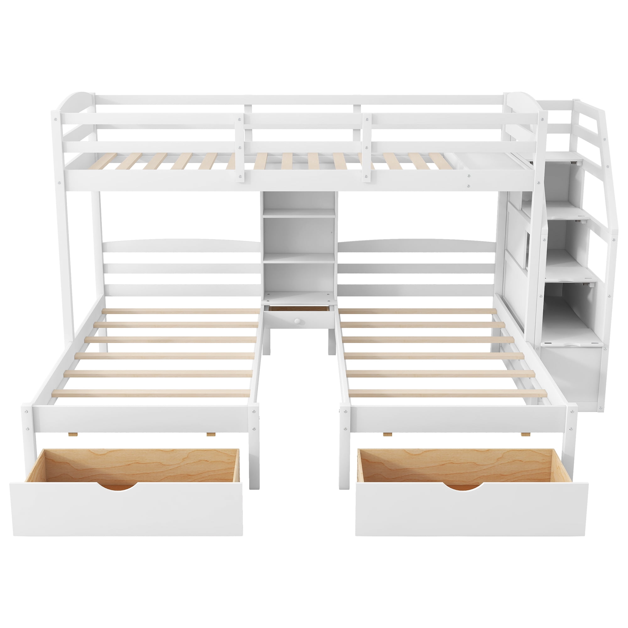 Euroco Twin over 2 Twin Bunk Bed with Staircase, 3 Beds in 1 Bunk with Drawers and Shelves, White