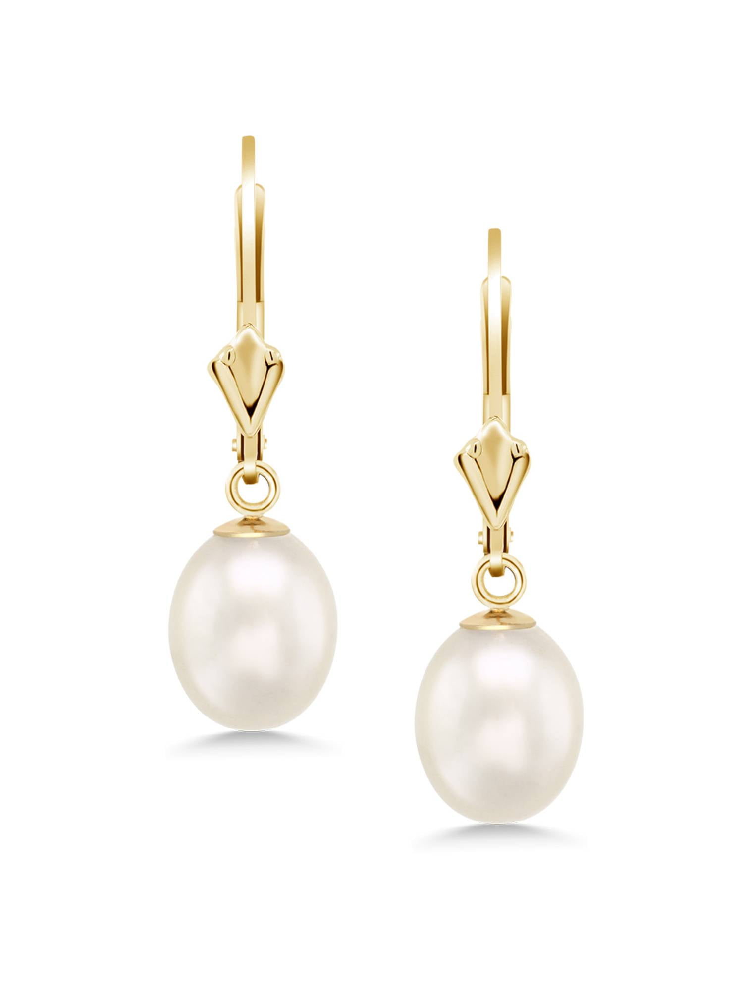Gem Stone King Gorgeous 14KT Gold 9mm Cultured Freshwater Pearl Dangle Women's Earrings