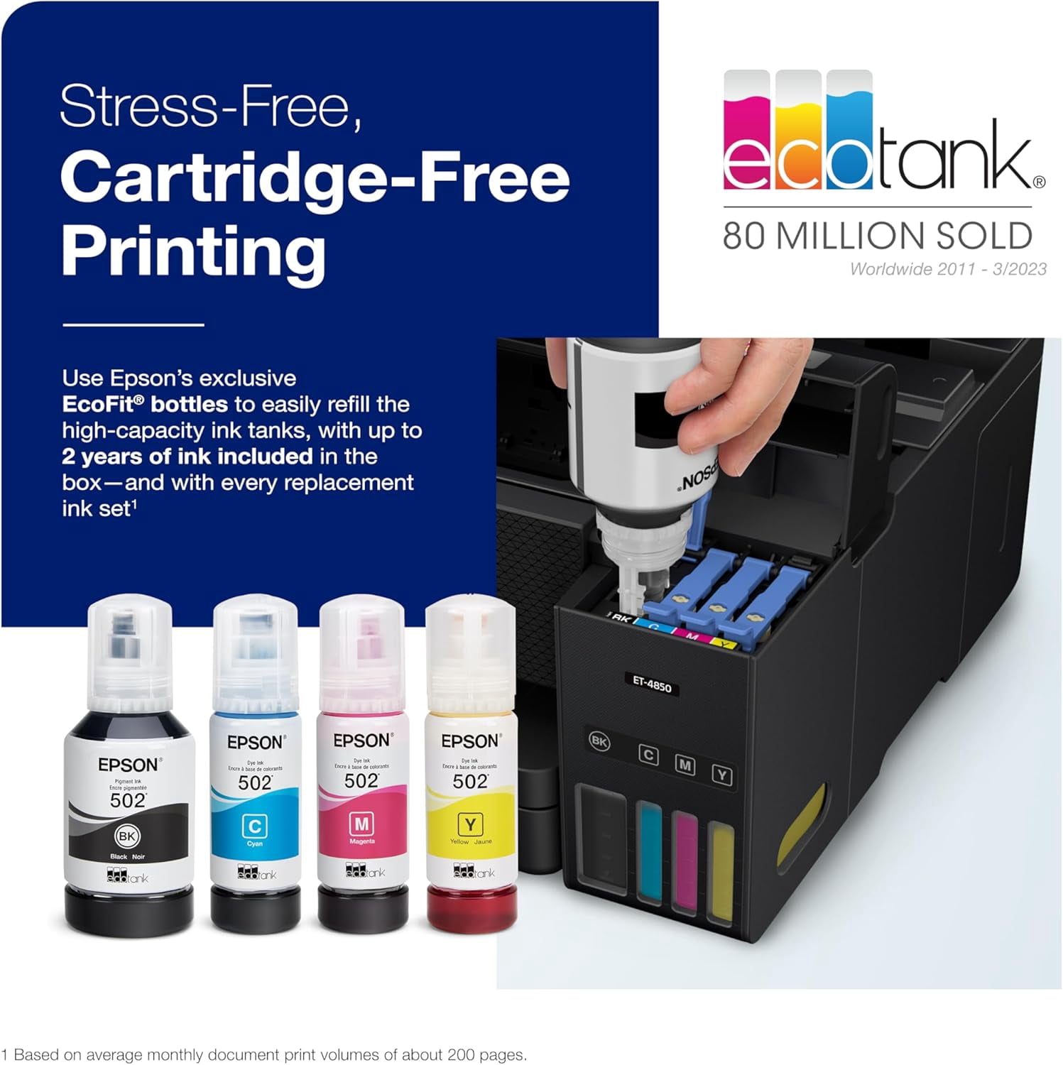 Epson EcoTank ET-4850 Wireless All-in-One Cartridge-Free Supertank with Scanner Copier, Fax, ADF and Ethernet, The Perfect Office Printer - Black (Sold without manufacturer warranty)