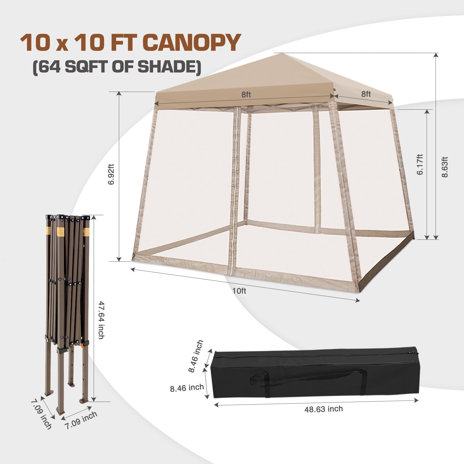 EAGLE PEAK 10x10ft Slant Leg Easy Setup Pop-up Canopy Tent with Mosquito Netting 64 Sqft of Shade, Beige