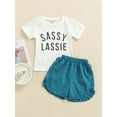 thumbnail image 2 of TSEXIEFOOFU Kid Baby Girl Short Pants Outfits, Short Sleeve Letter Printed White T-Shirt + Elastic Waist Ruffles Hem Shorts Set, 2 of 9