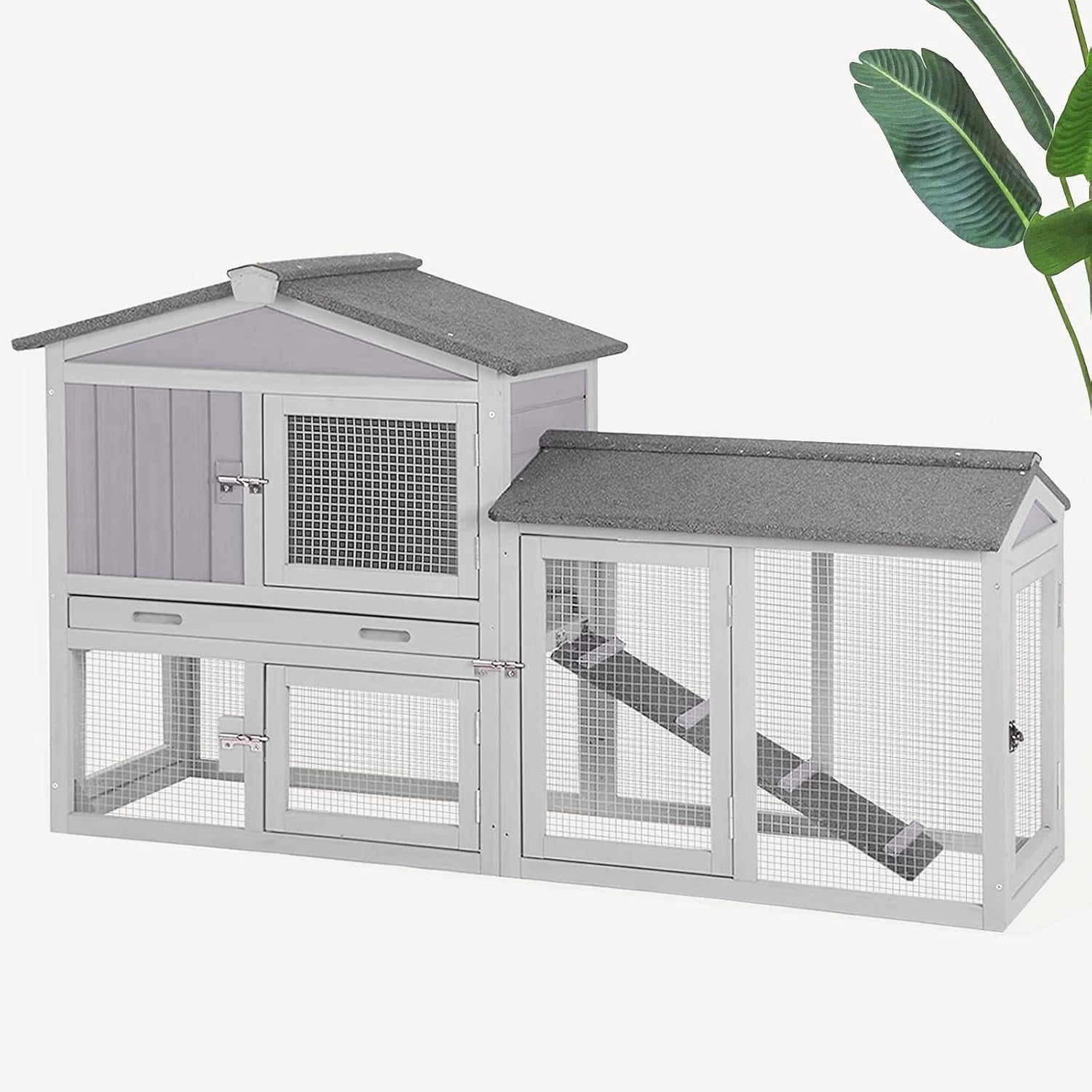 Aivituvin Chicken Coop Hen House with Run Outdoor Rabbit Cage Indoor Bunny Hutch with Waterproof Roof Poultry Cage,Rabbit Hutch with No Leakage Pull Out Tray Gray