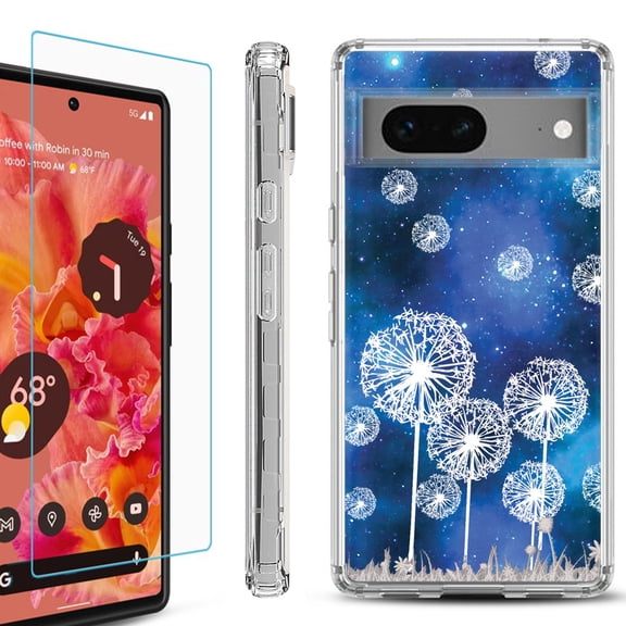 OneToughShield ® for Google Pixel 7a Shockproof Bumper Phone Case, with Tempered Glass Screen Protector - Dandelion Stars
