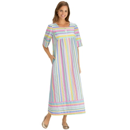 

Collections Etc Short-Sleeve Seersucker Striped Robe with Half-Zip Front - Side Pockets Short Sleeve